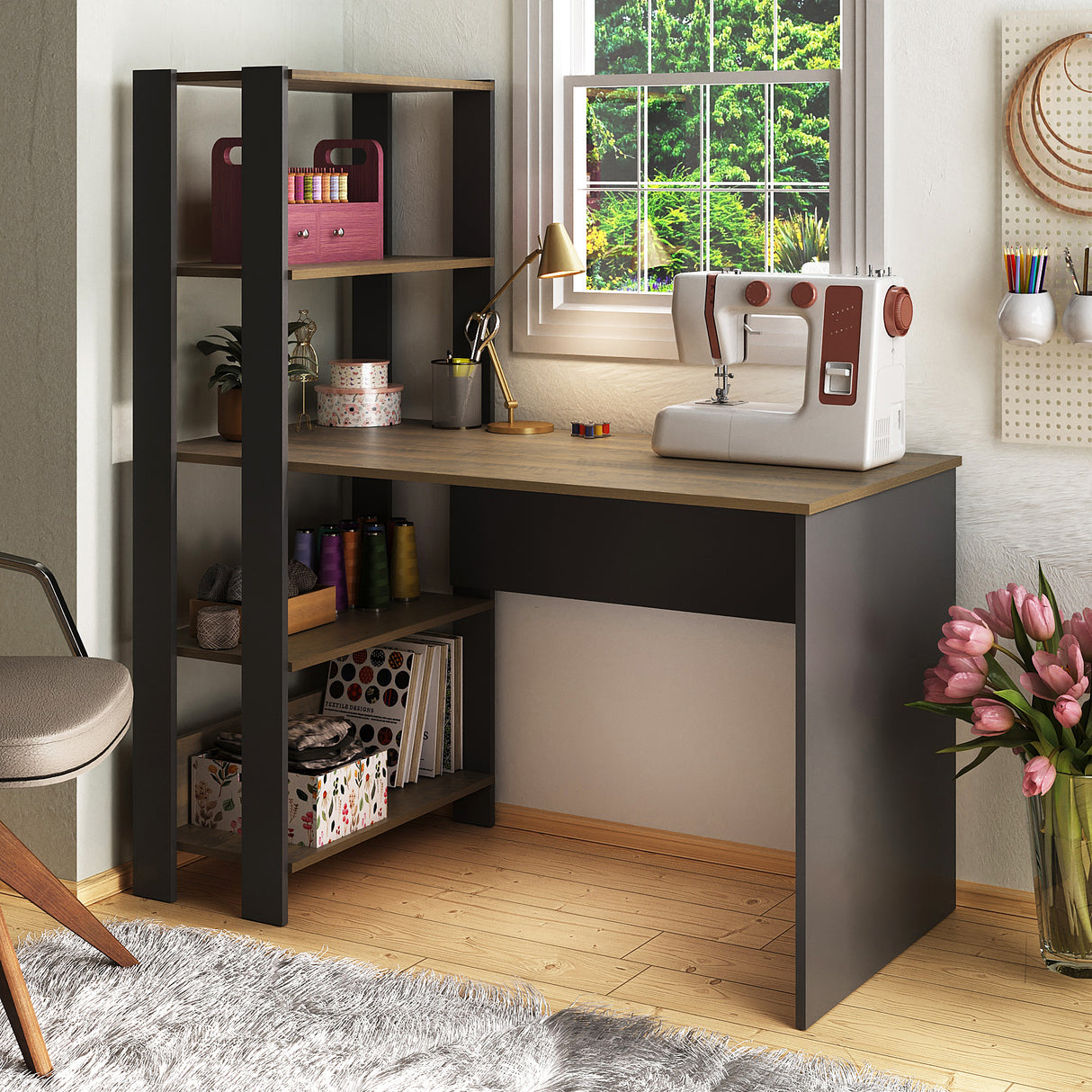 Escritorio con Biblioteca Match Pino y Negro 120x134cm con Tres Repisas - ESCRITORIOS | Bylmo