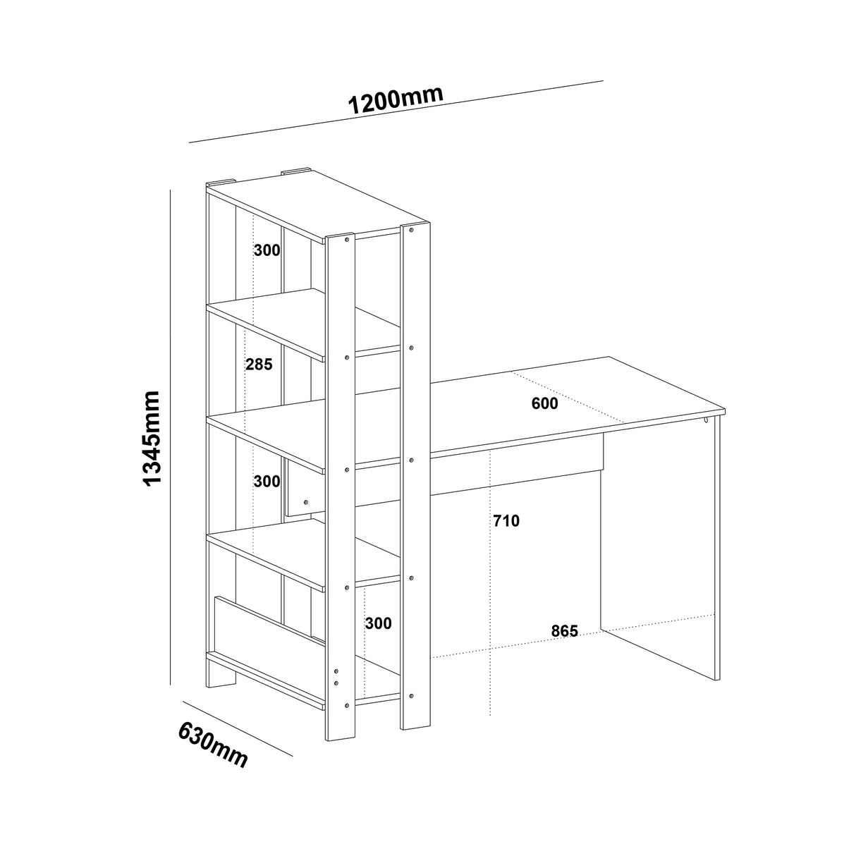 Escritorio con Biblioteca Match Pino y Negro 120x134cm con Tres Repisas - ESCRITORIOS | Bylmo