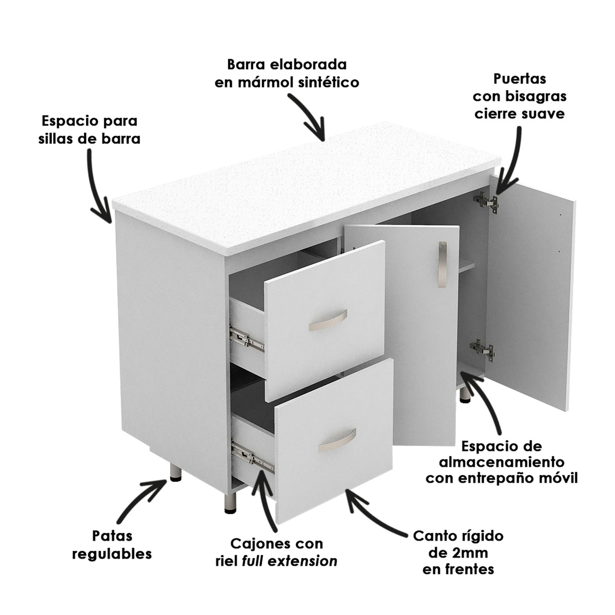 Barra de Cocina Ambar Blanco 120x88cm con Mesón de Mármol Sintético y Cuatro Compartimientos - BARRAS Y MUEBLES AUXILIARES | Bylmo