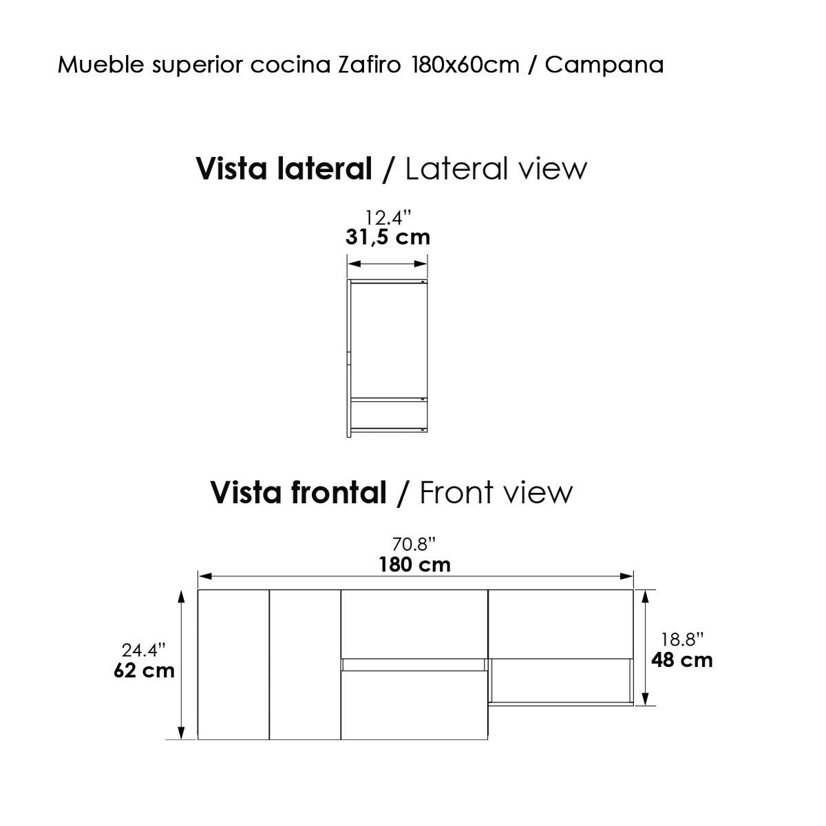 Mueble Superior de Cocina Zafiro Blanco 180x62cm Con Espacio para Extractor y con Locero - MUEBLES SUPERIORES DE COCINA | Bylmo