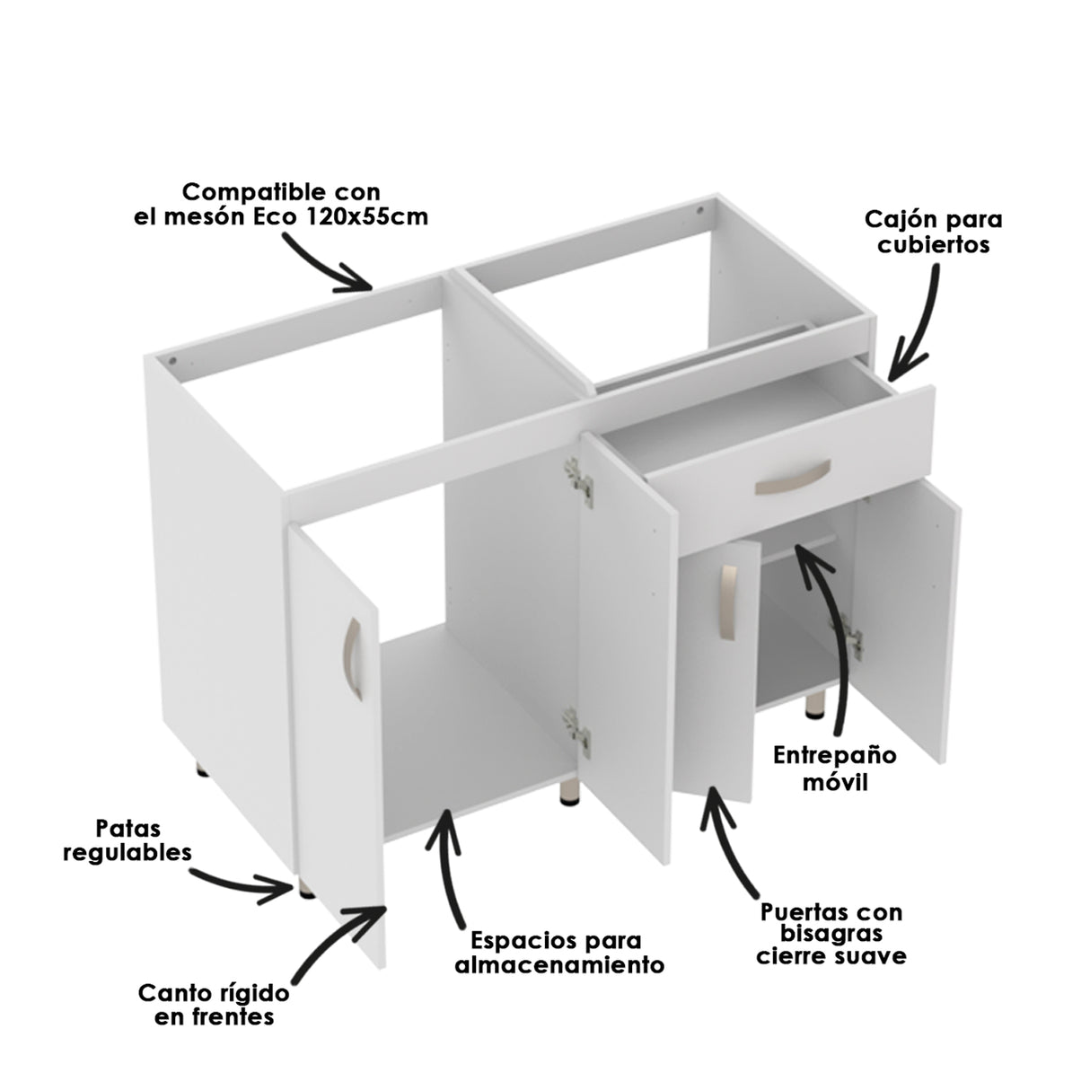 Mueble Inferior de Cocina Ambar Blanco 120x88cm Sin Mesón y con Organizador de Cubiertos - MUEBLES INFERIORES DE COCINA | Bylmo
