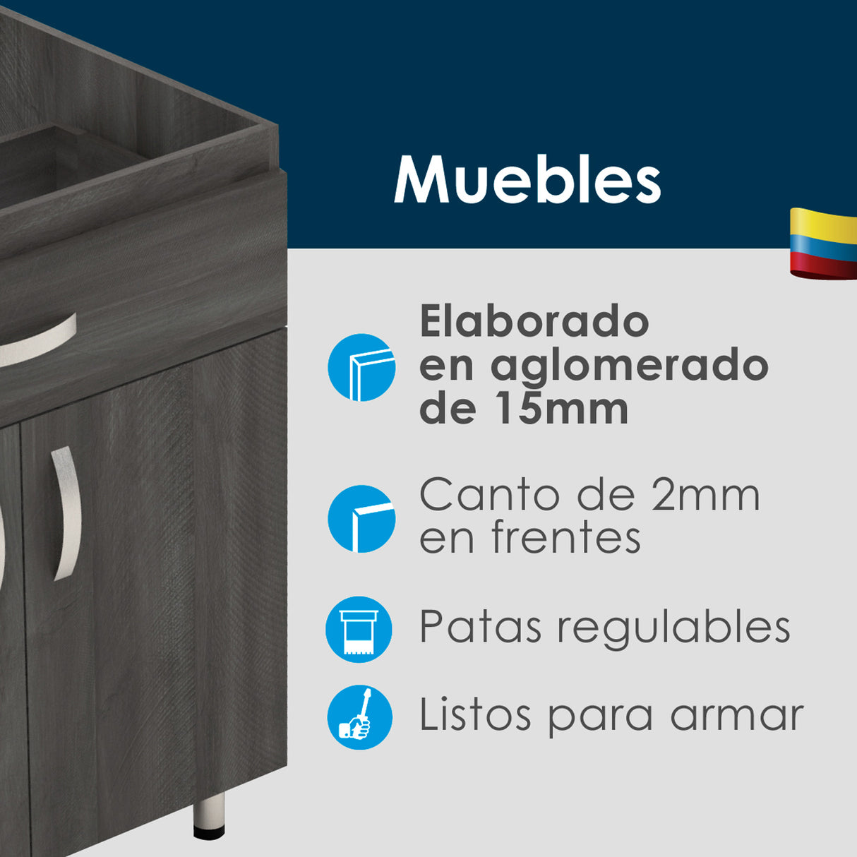 Mueble Inferior de Cocina Zafiro Blanco 180x90cm Sin Mesón y con Organizador de Cubiertos - MUEBLES INFERIORES DE COCINA | Bylmo
