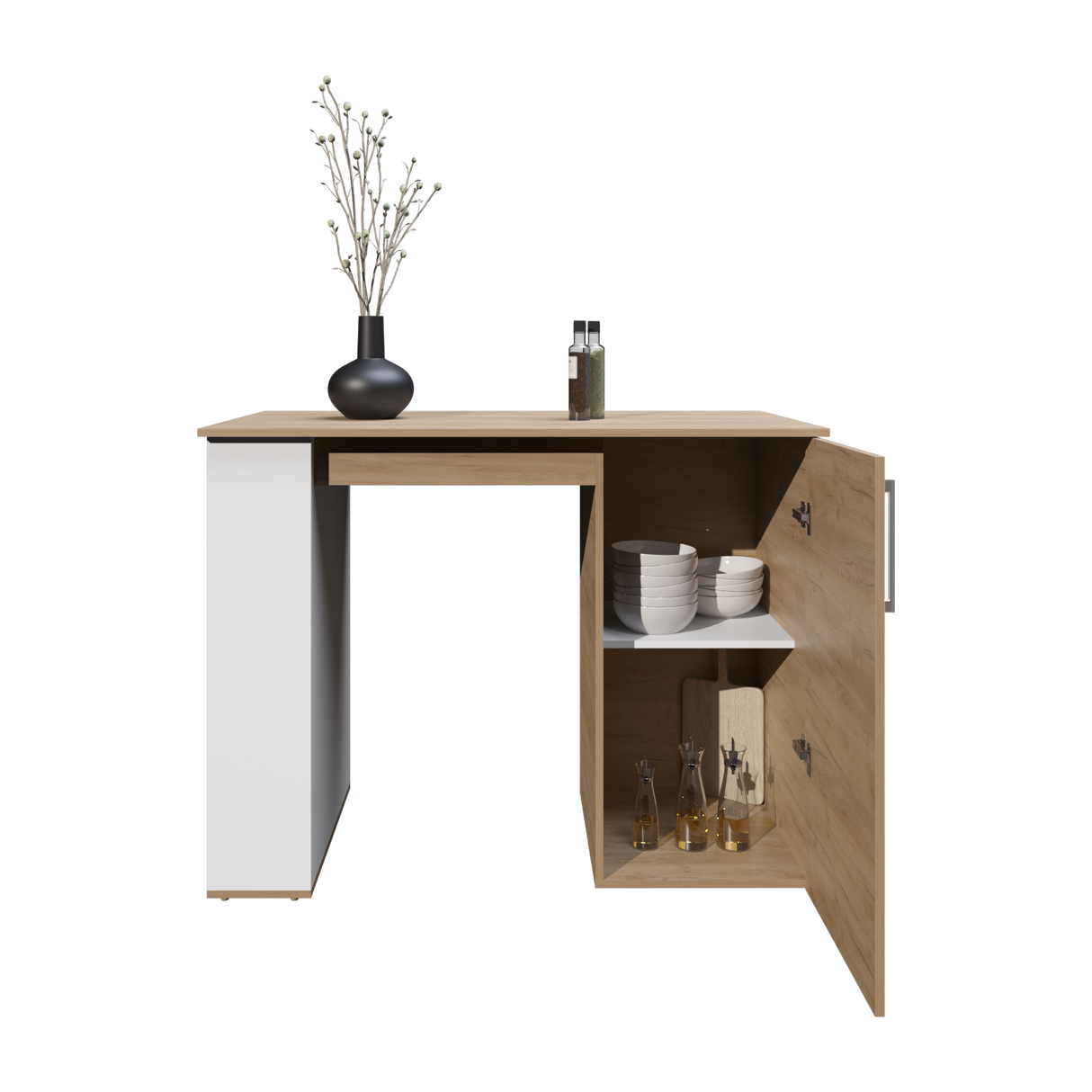 Barra de Cocina Allen Fresno Europeo y Blanco 120.3x91cm Con Seis Compartimientos - BARRAS Y MUEBLES AUXILIARES | Bylmo