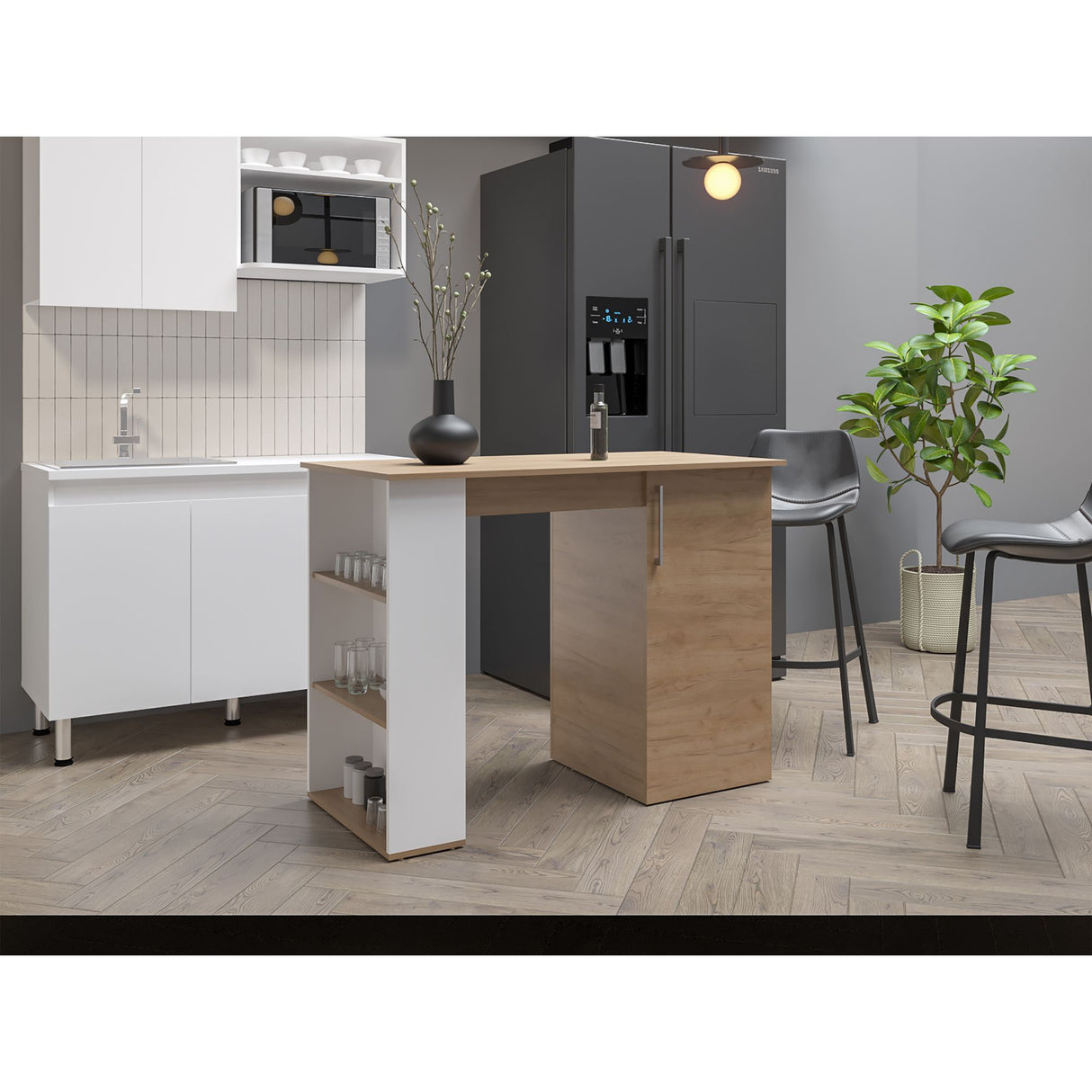 Barra de Cocina Allen Fresno Europeo y Blanco 120.3x91cm Con Seis Compartimientos - BARRAS Y MUEBLES AUXILIARES | Bylmo