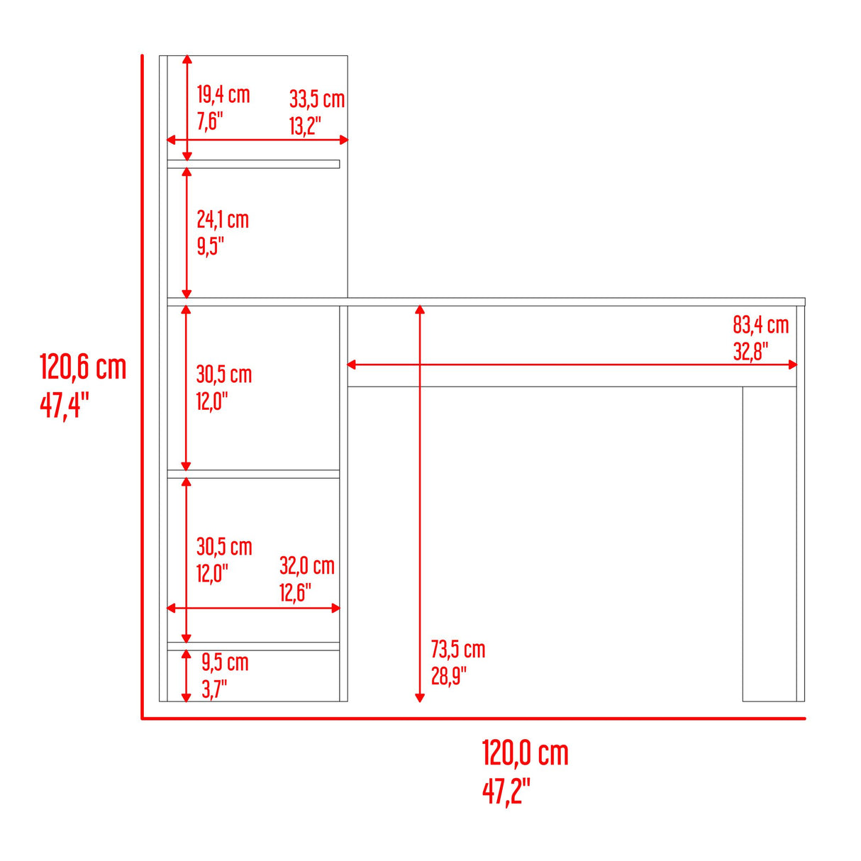 Escritorio con Biblioteca Vilna Fresno Europeo y Wengue 120x120.6cm sin Cajones - ESCRITORIOS | Bylmo