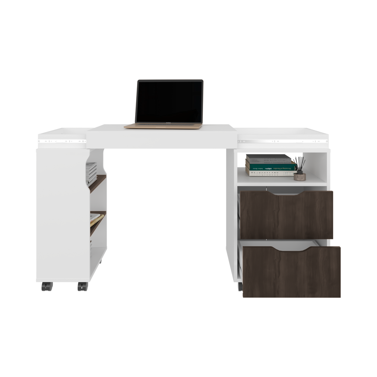 Escritorio Extensible San Diego Blanco y Nogal 70.5x75.5cm con Dos Cajones - ESCRITORIOS | Bylmo