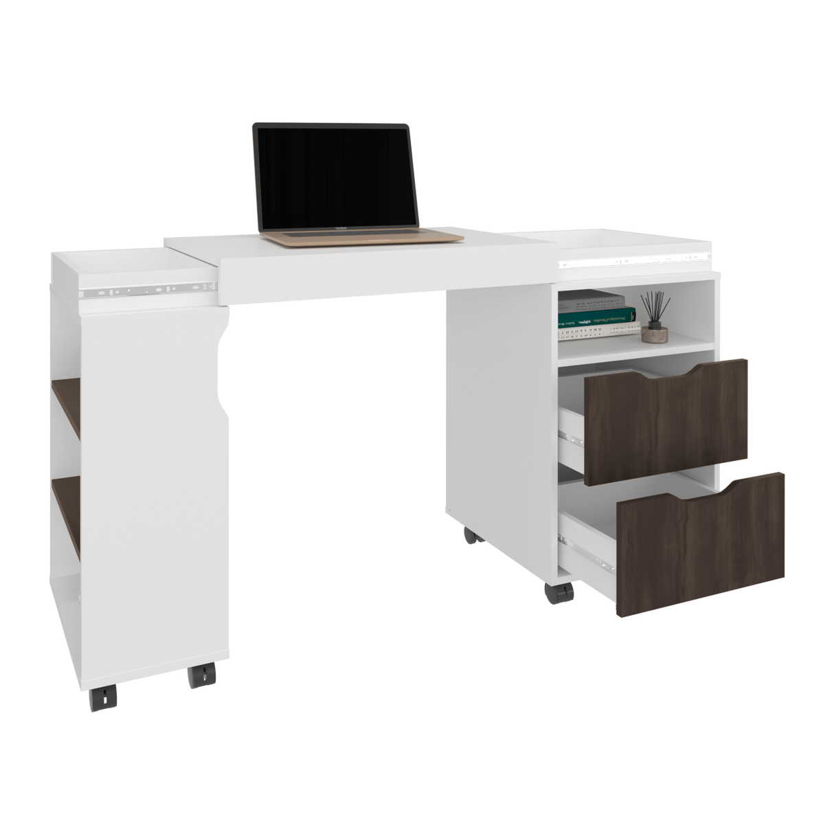 Escritorio Extensible San Diego Blanco y Nogal 70.5x75.5cm con Dos Cajones - ESCRITORIOS | Bylmo