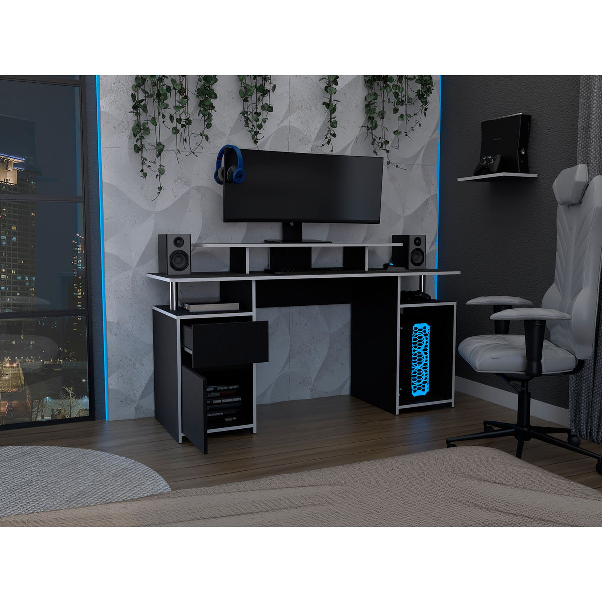 Escritorio Gamer Keria Wengue y Blanco 157x88.5cm con Un Cajón - ESCRITORIOS | Bylmo