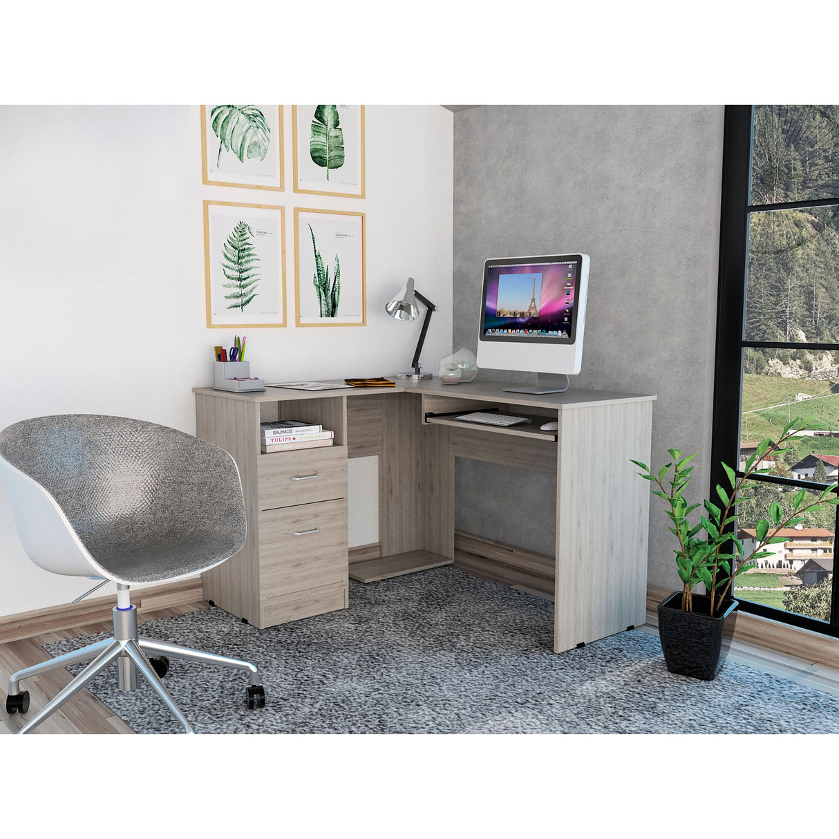 Escritorio Esquinero Mix Ceniza 120.1x77.2cm con Dos Cajones - ESCRITORIOS | Bylmo