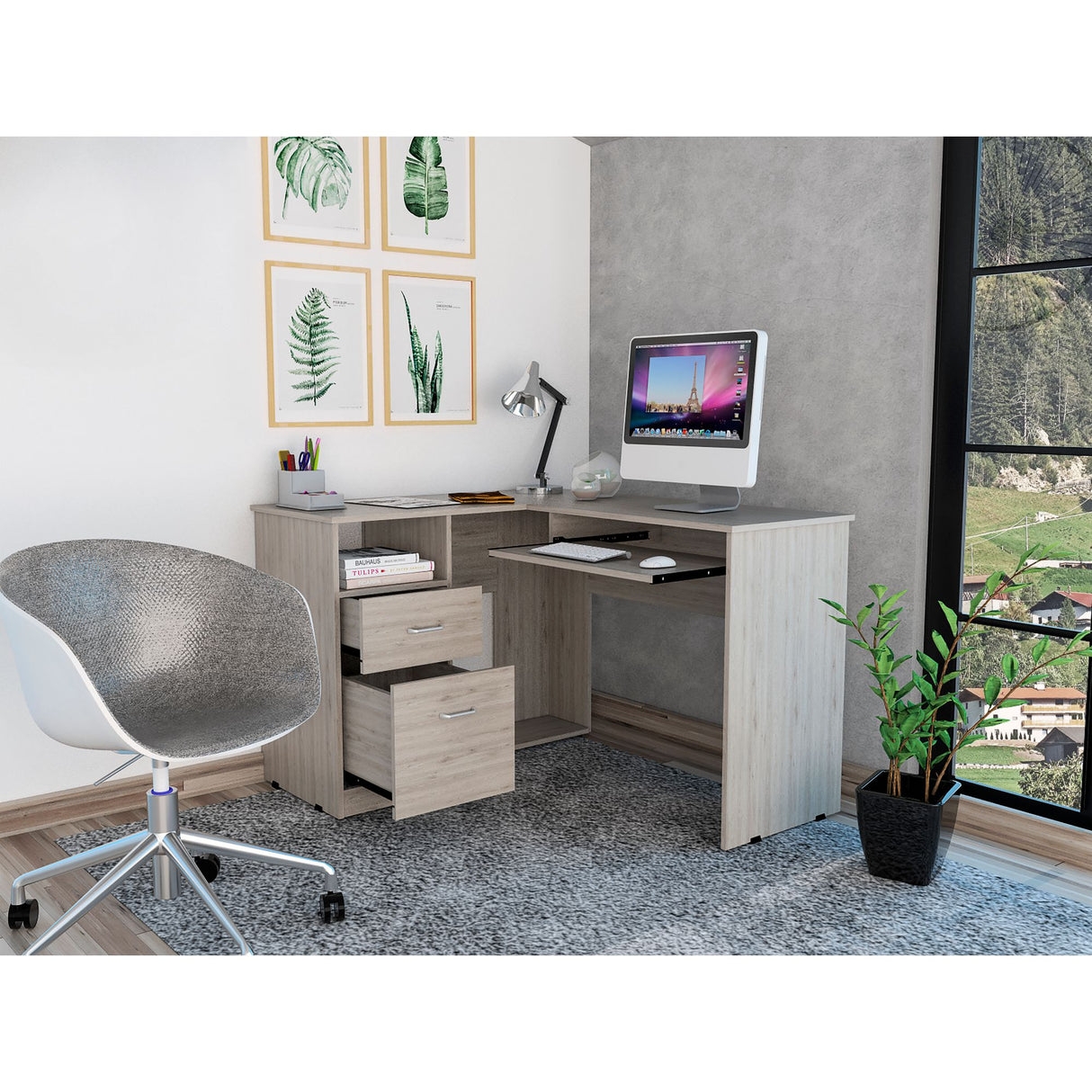 Escritorio Esquinero Mix Ceniza 120.1x77.2cm con Dos Cajones - ESCRITORIOS | Bylmo