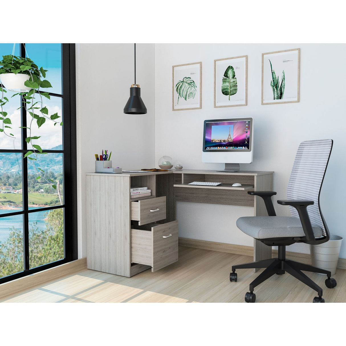 Escritorio Esquinero Mix Ceniza 120.1x77.2cm con Dos Cajones - ESCRITORIOS | Bylmo