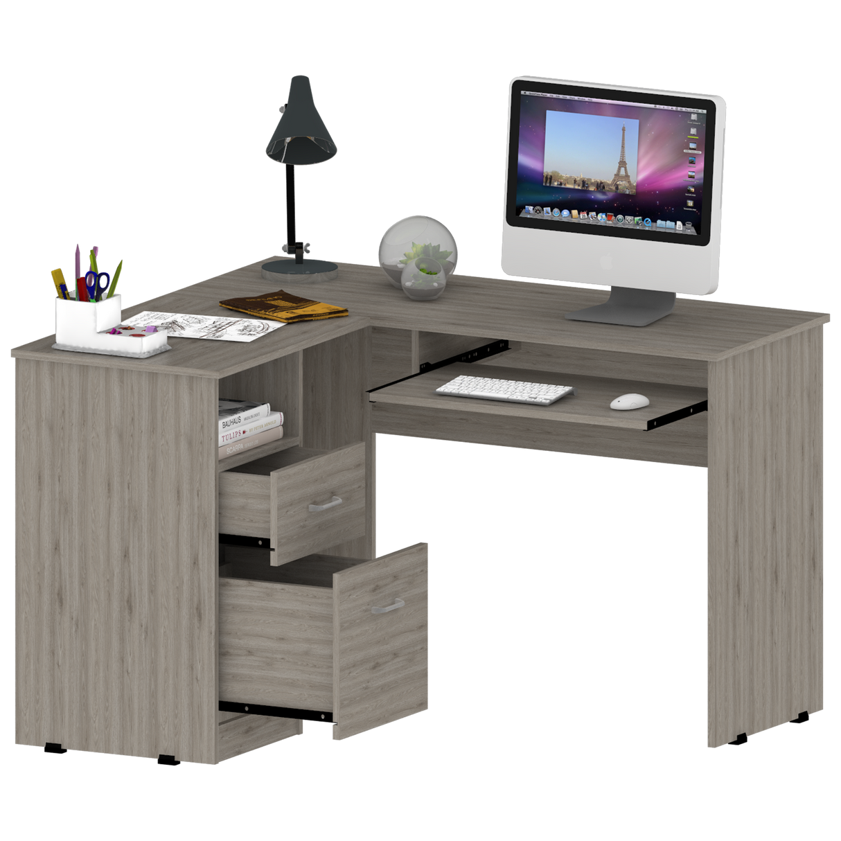 Escritorio Esquinero Mix Ceniza 120.1x77.2cm con Dos Cajones - ESCRITORIOS | Bylmo
