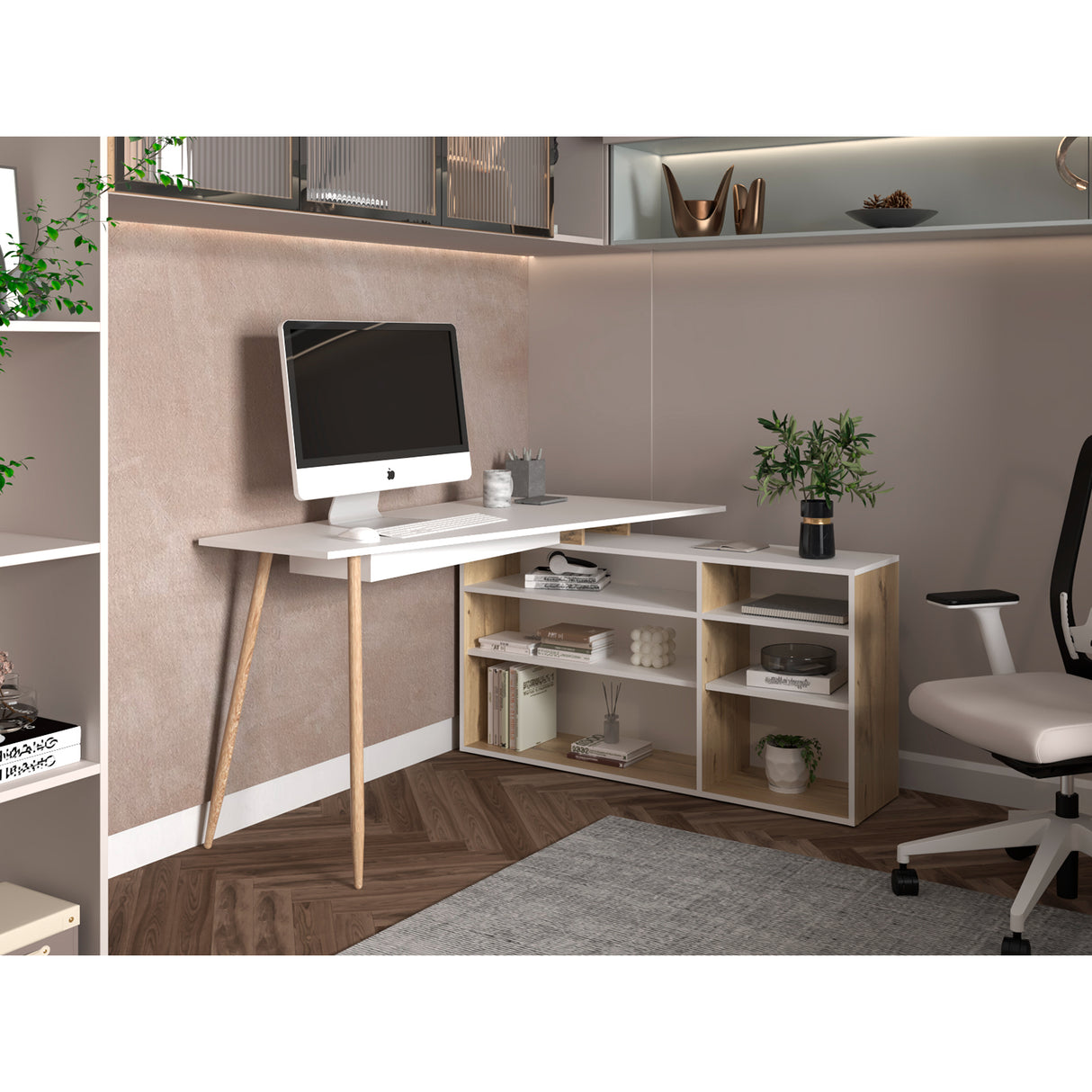 Escritorio Esquinero Singapur Duna y Blanco 130x72.5cm sin Cajones - ESCRITORIOS | Bylmo