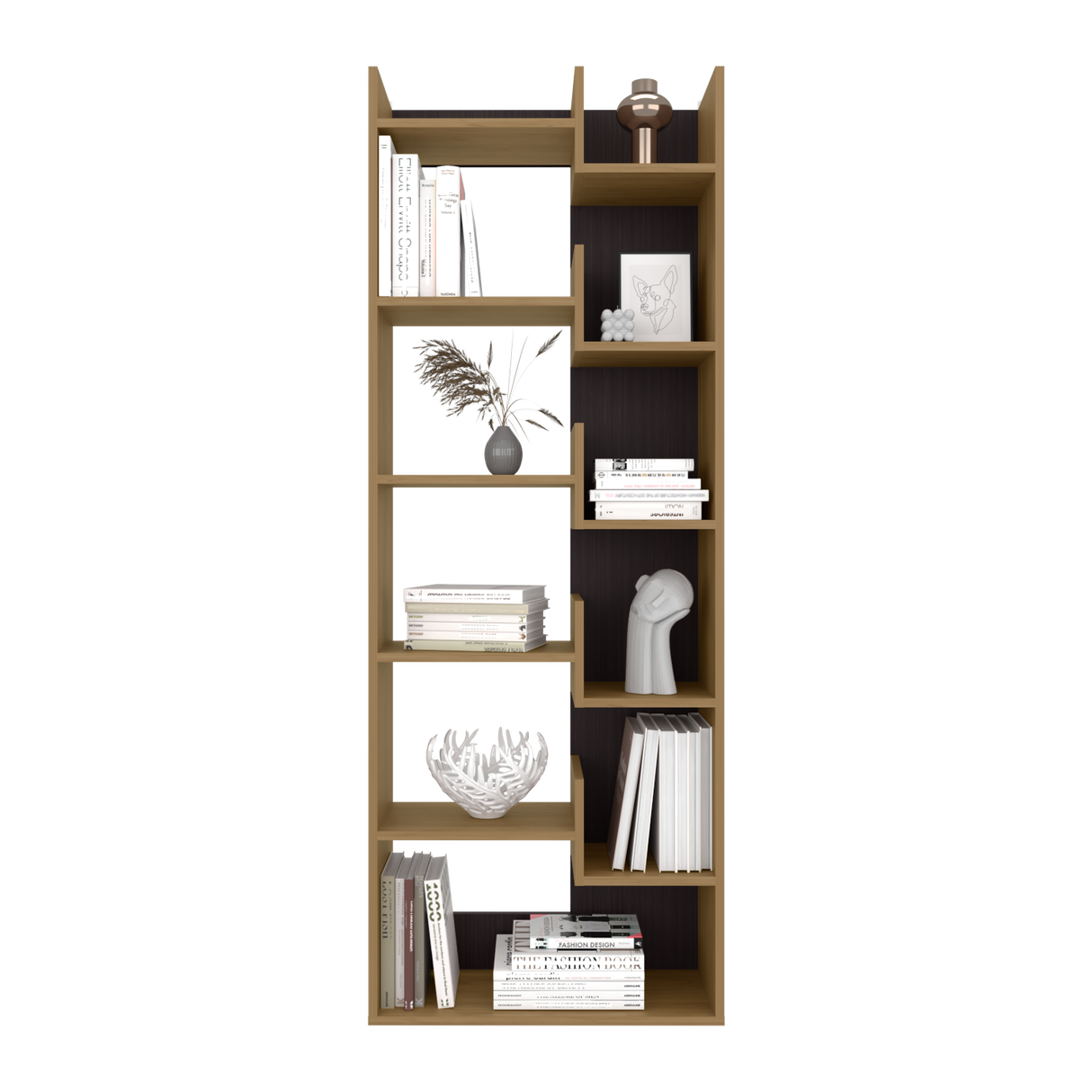 Biblioteca Asimétrica Clover Fresno Europeo y Wengue 60x162cm con OnceCompartimientos - BIBLIOTECAS Y ESTANTERIAS | Bylmo