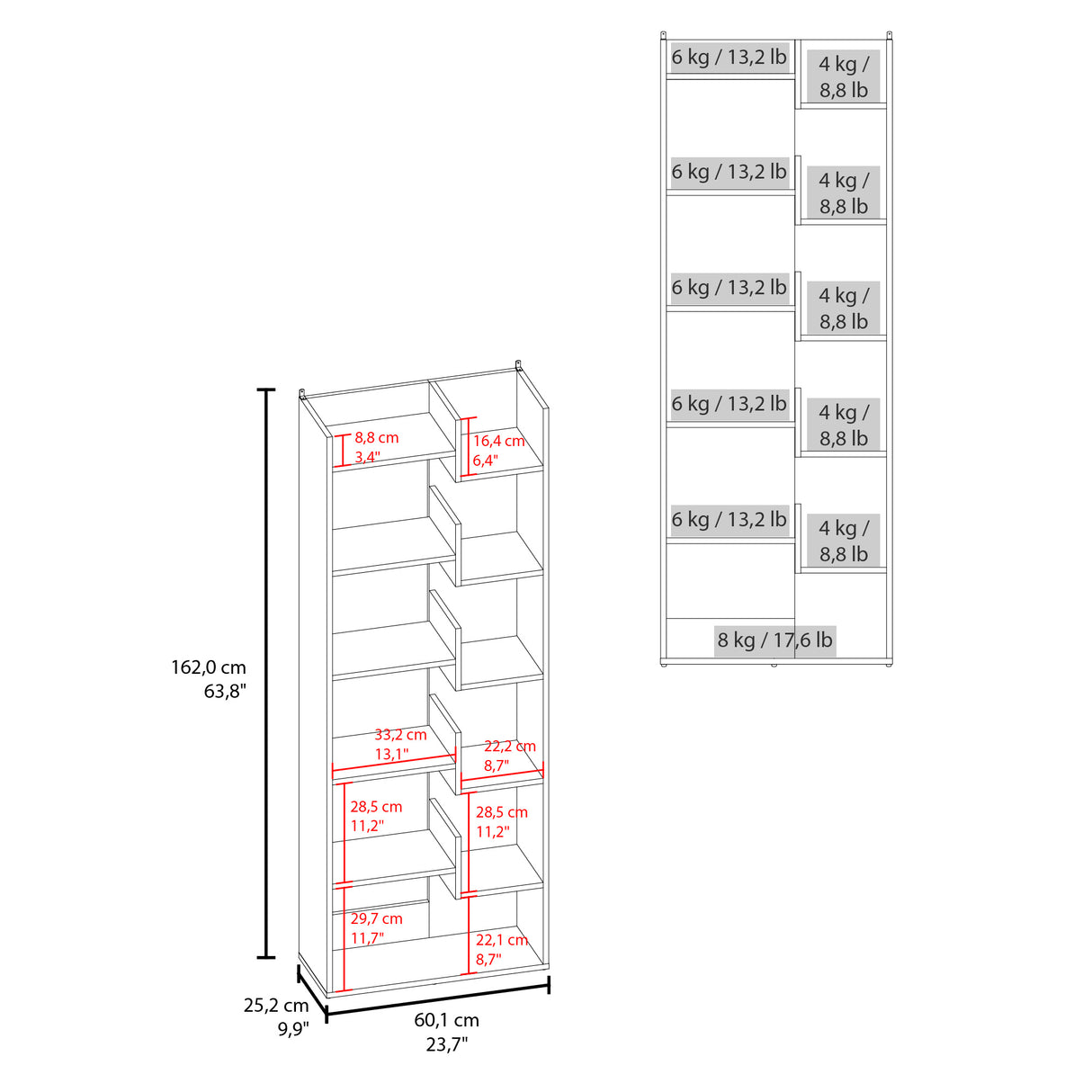 Biblioteca Asimétrica Clover Fresno Europeo y Wengue 60x162cm con OnceCompartimientos - BIBLIOTECAS Y ESTANTERIAS | Bylmo