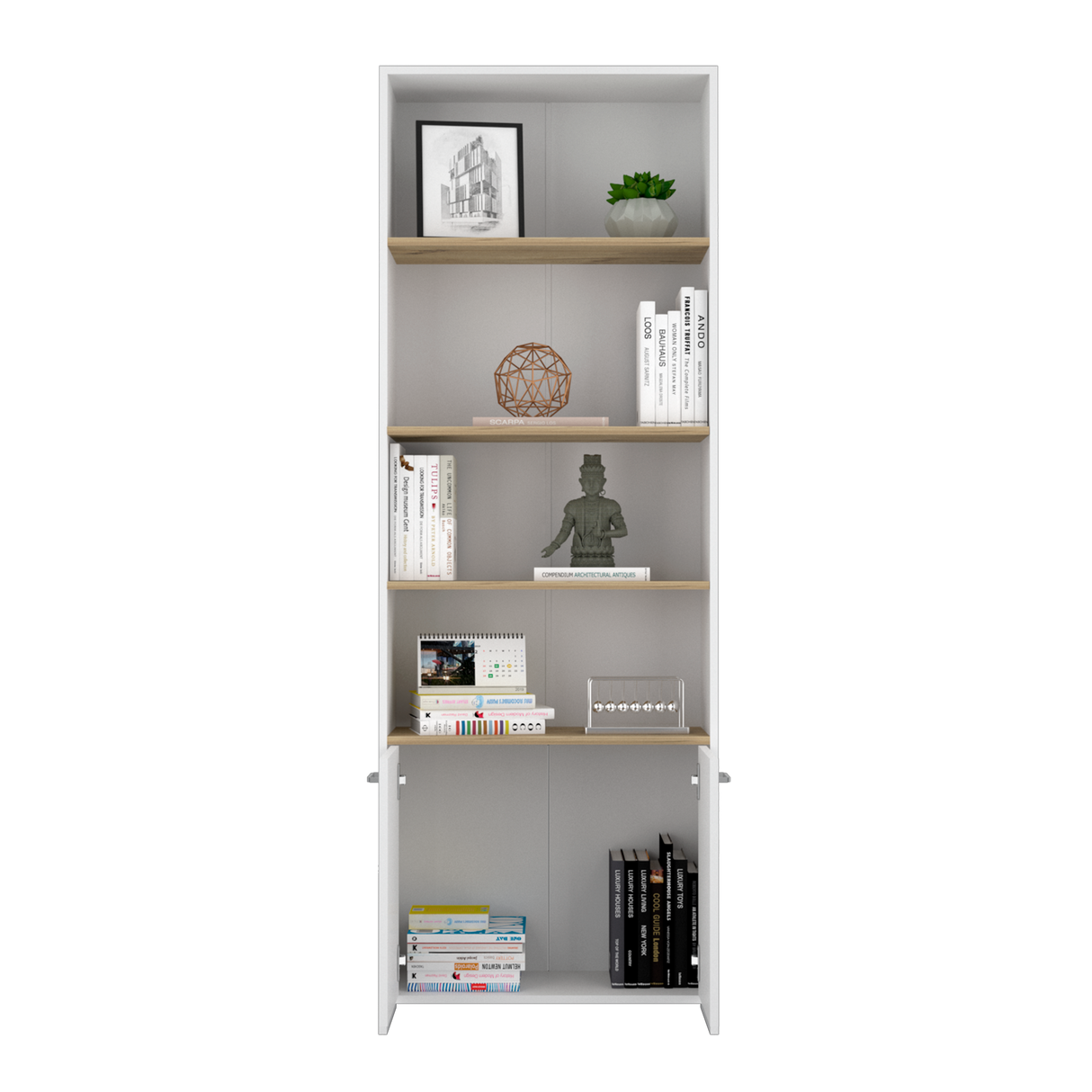 Biblioteca Rectangular Z63 Blanco y Duna 63x180.6cm con Cinco Compartimientos y Dos Puertas - BIBLIOTECAS Y ESTANTERIAS | Bylmo