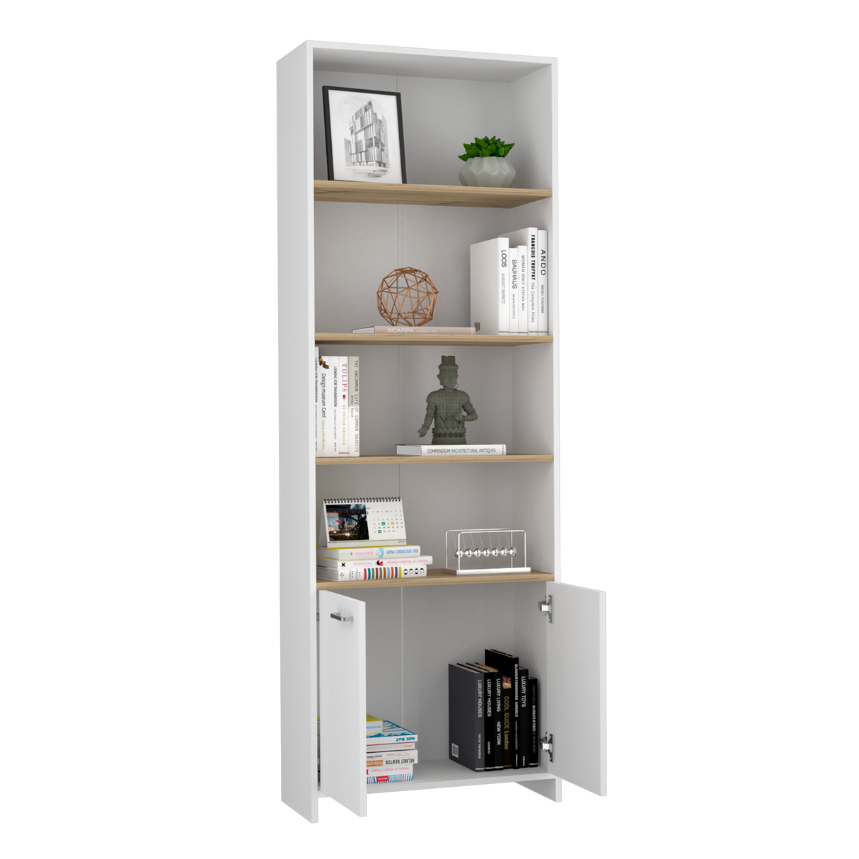 Biblioteca Rectangular Z63 Blanco y Duna 63x180.6cm con Cinco Compartimientos y Dos Puertas - BIBLIOTECAS Y ESTANTERIAS | Bylmo