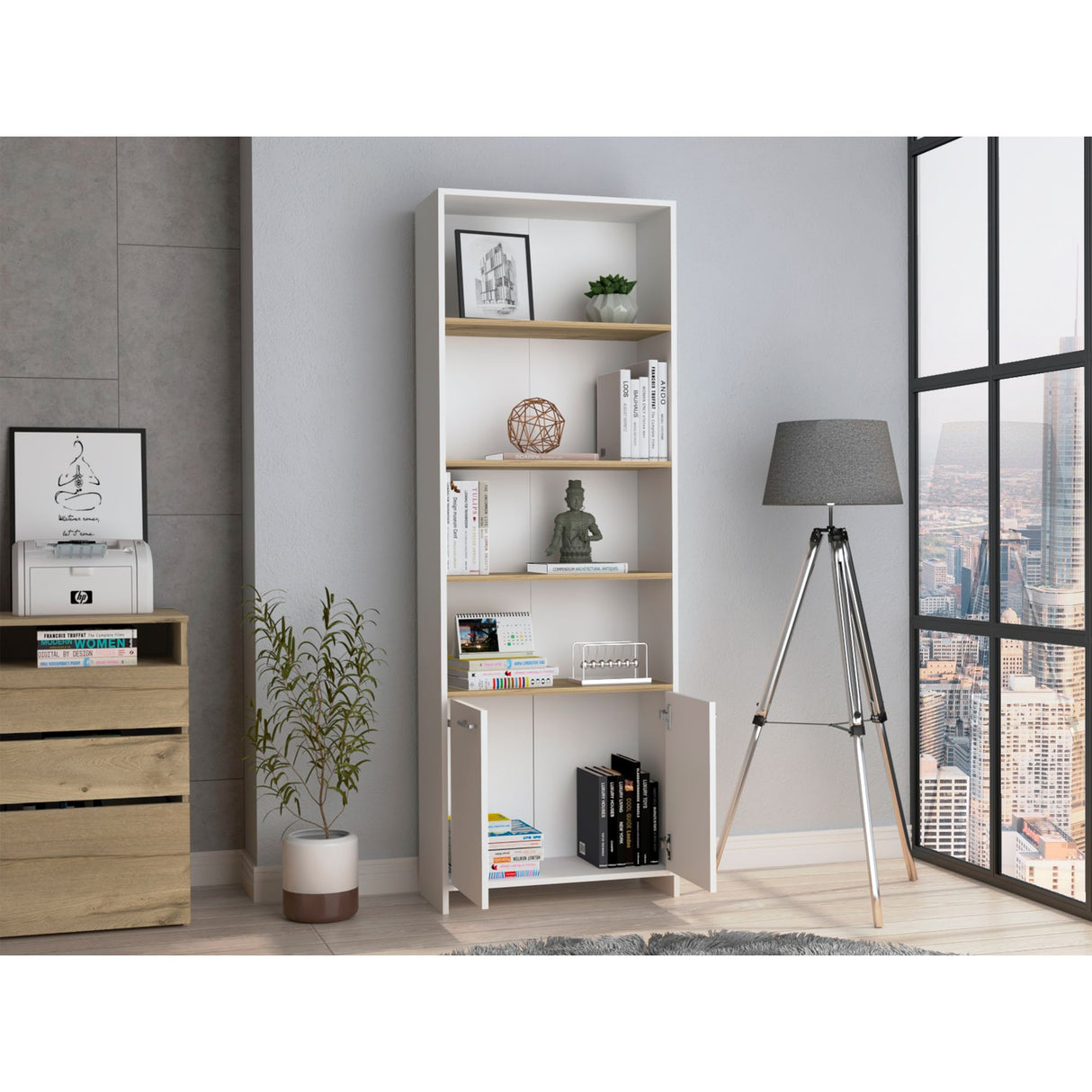 Biblioteca Rectangular Z63 Blanco y Duna 63x180.6cm con Cinco Compartimientos y Dos Puertas - BIBLIOTECAS Y ESTANTERIAS | Bylmo