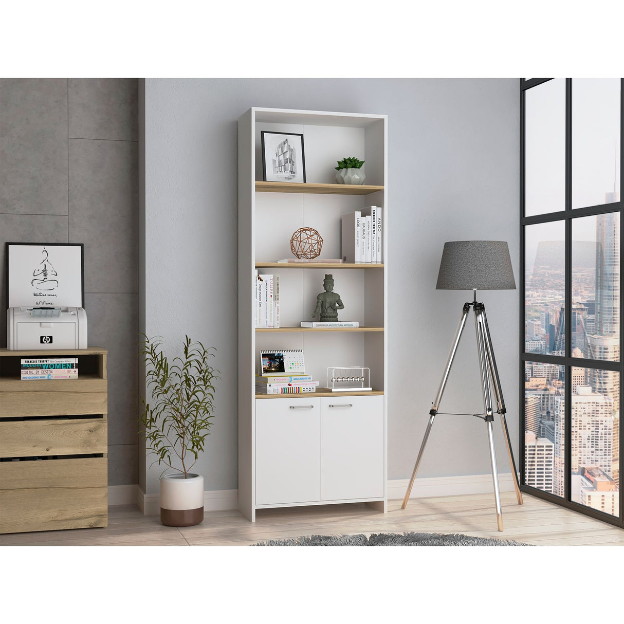 Biblioteca Rectangular Z63 Blanco y Duna 63x180.6cm con Cinco Compartimientos y Dos Puertas - BIBLIOTECAS Y ESTANTERIAS | Bylmo