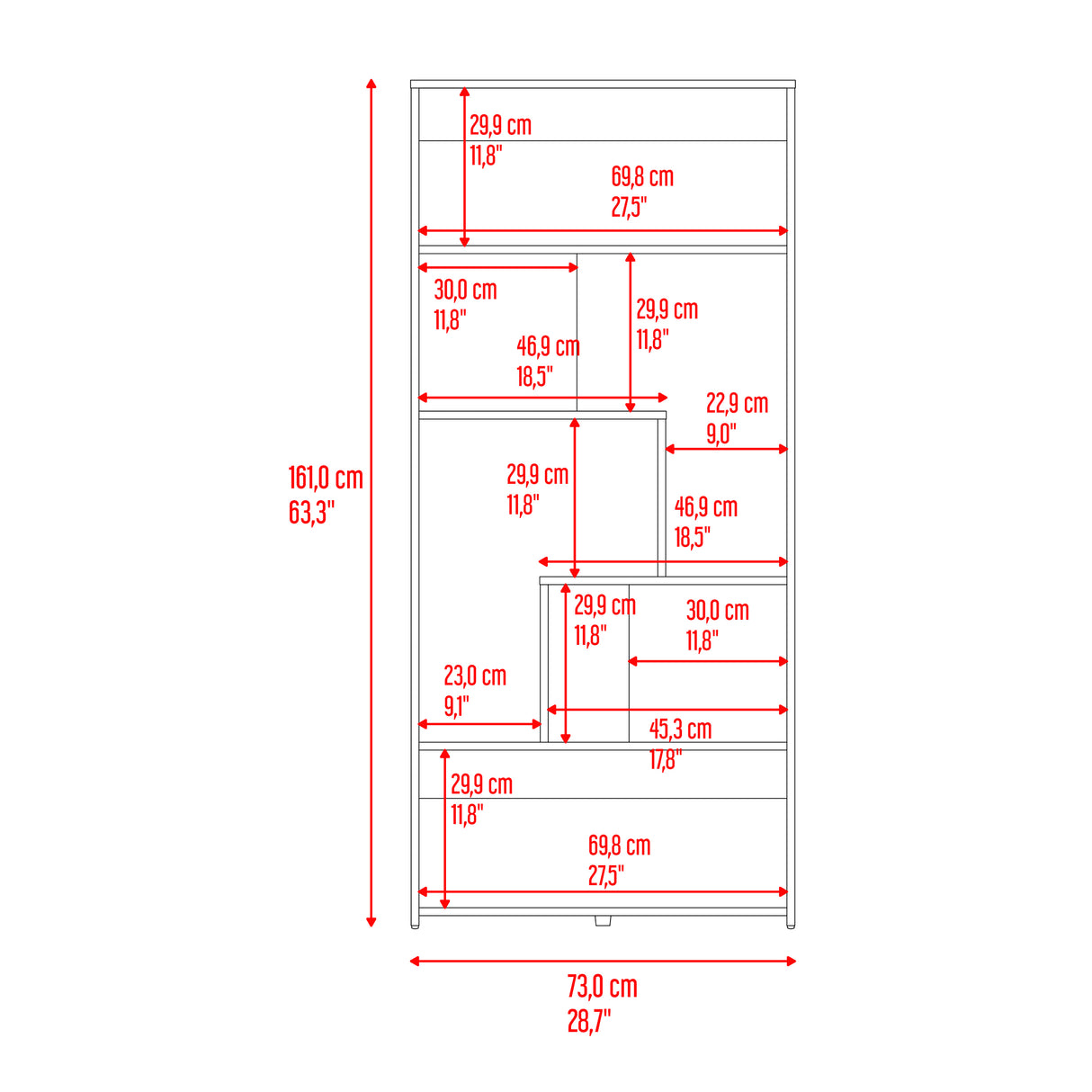 Biblioteca Asimétrica Lous Fresno Europeo 73x161cm Con Siete Compartimientos - BIBLIOTECAS Y ESTANTERIAS | Bylmo