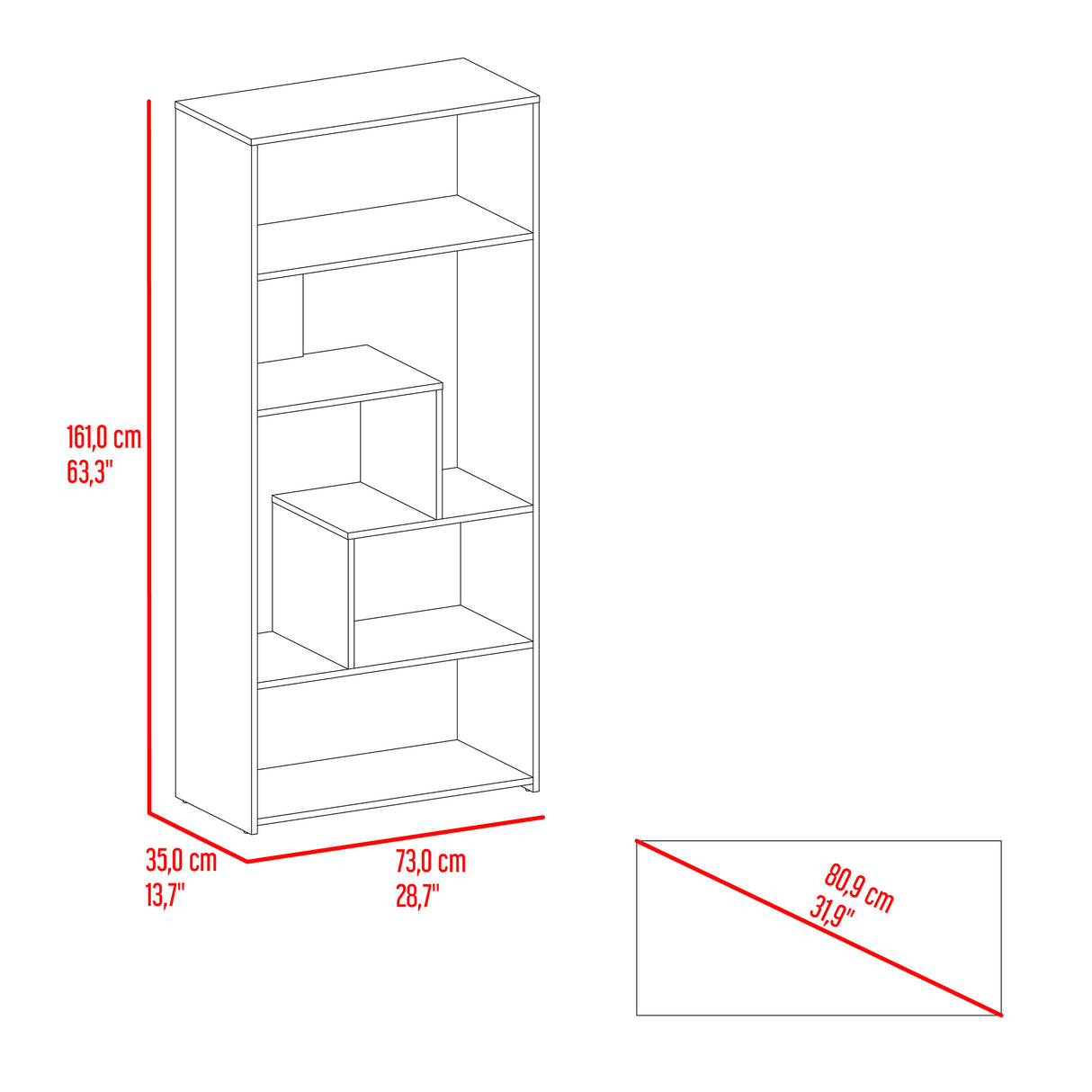 Biblioteca Asimétrica Lous Fresno Europeo 73x161cm Con Siete Compartimientos - BIBLIOTECAS Y ESTANTERIAS | Bylmo