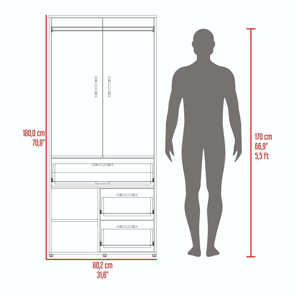 Closet Sevilla Fresno Europeo Mallado 80x180cm Con Tres Cajones y Cinco Compartimientos - CLOSETS | Bylmo