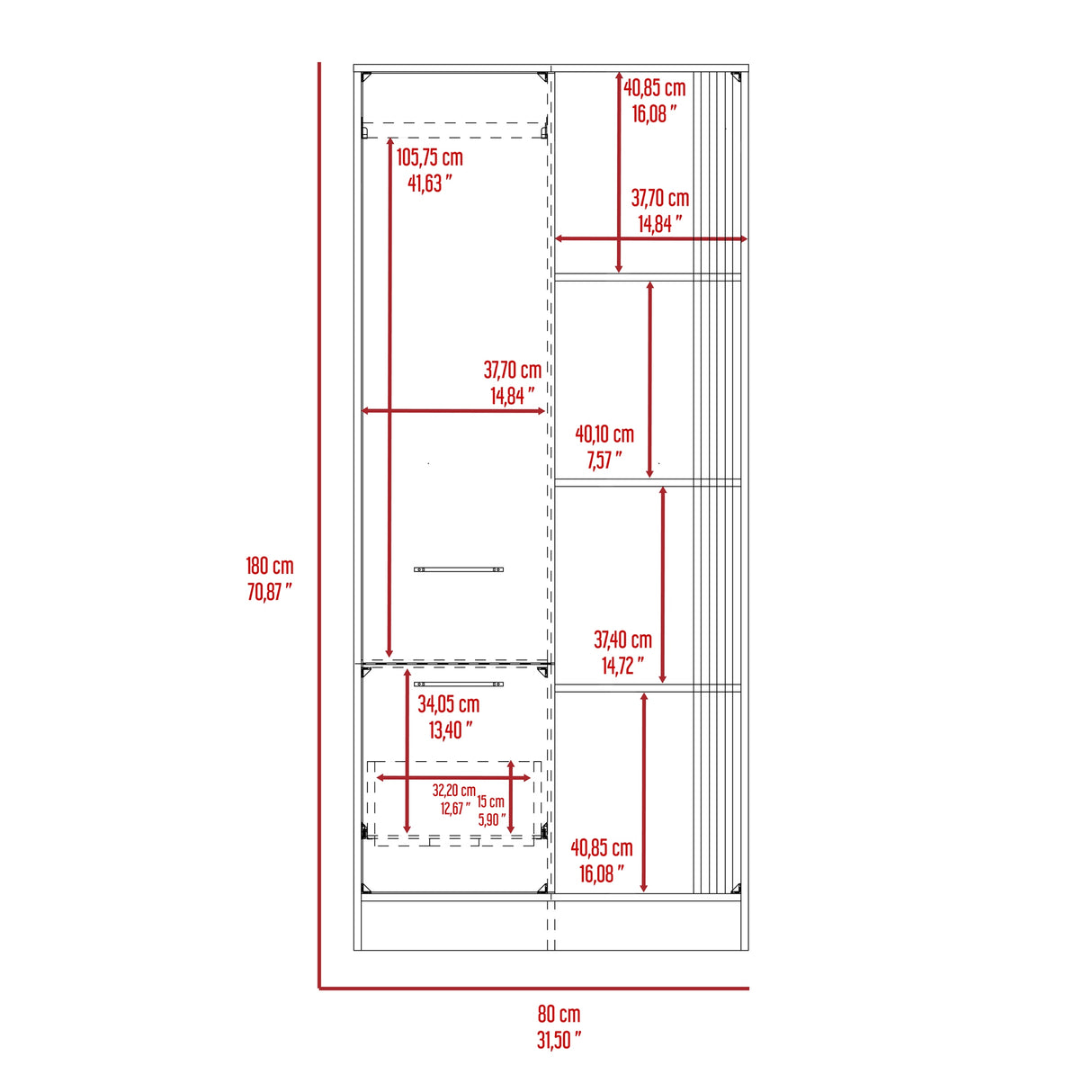 Closet Vance Capri y Fresno Europeo 80x180cm Con Un Cajón y Seis Compartimientos - CLOSETS | Bylmo