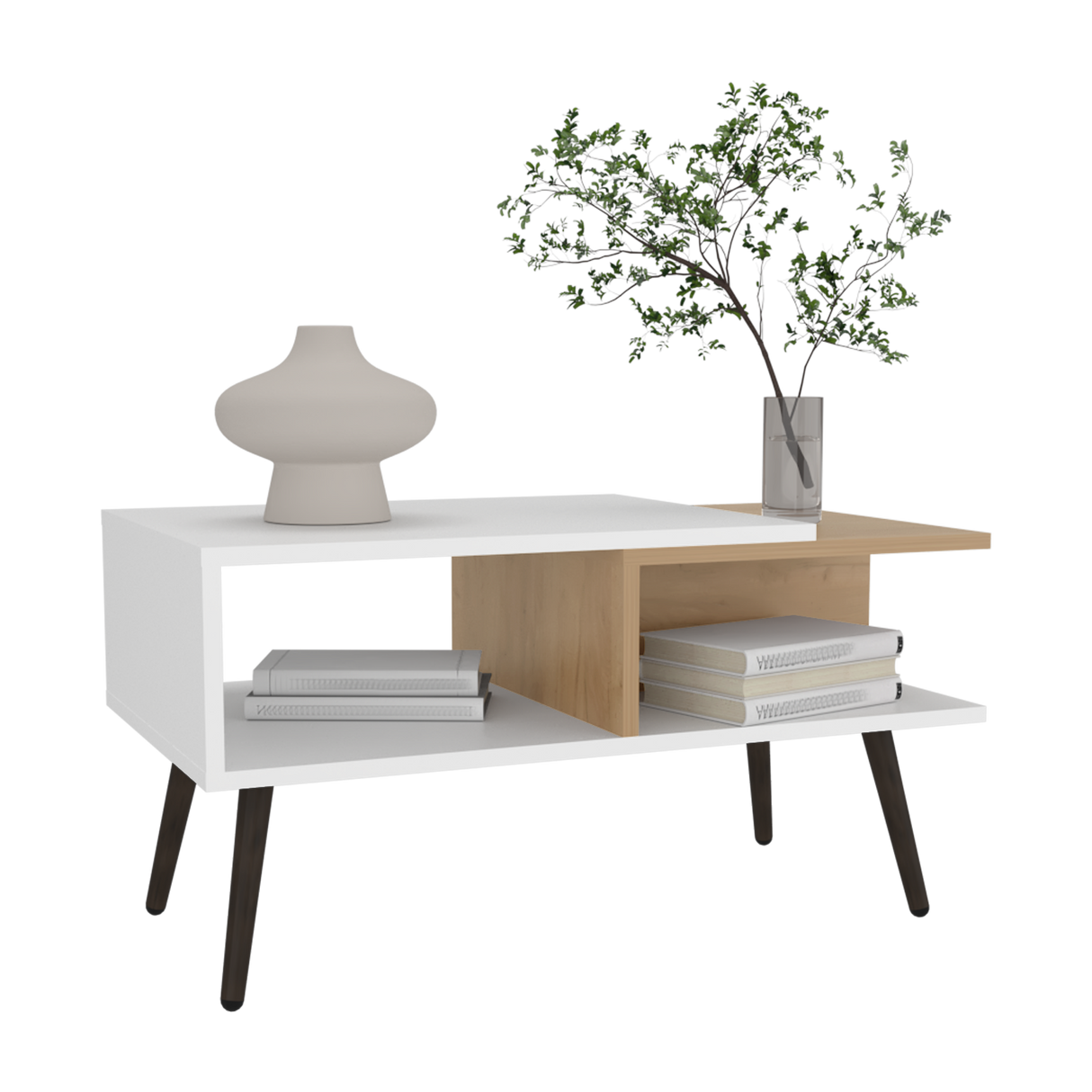 Mesa de Centro Aranjuez Blanco y Fresno 75x39.5cm Rectangular con Compartimientos y con Patas - MESAS DE CENTRO | Bylmo