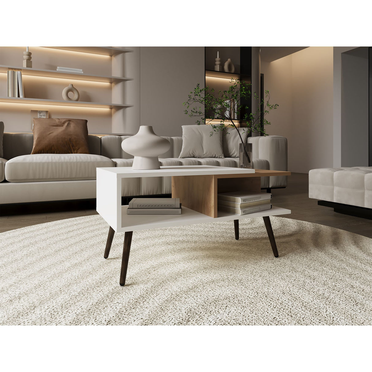 Mesa de Centro Aranjuez Blanco y Fresno 75x39.5cm Rectangular con Compartimientos y con Patas - MESAS DE CENTRO | Bylmo