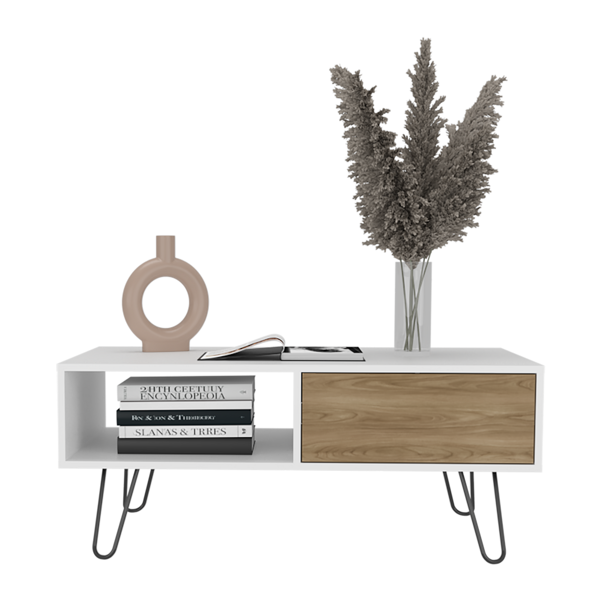 Mesa de Centro Tori Blanco y Fresno Europeo 100.6x42cm Rectangular con Compartimientos y con Patas - MESAS DE CENTRO | Bylmo