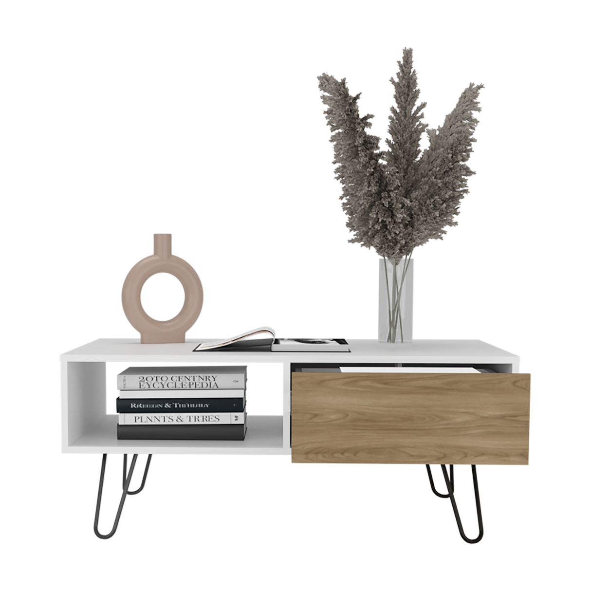 Mesa de Centro Tori Blanco y Fresno Europeo 100.6x42cm Rectangular con Compartimientos y con Patas - MESAS DE CENTRO | Bylmo