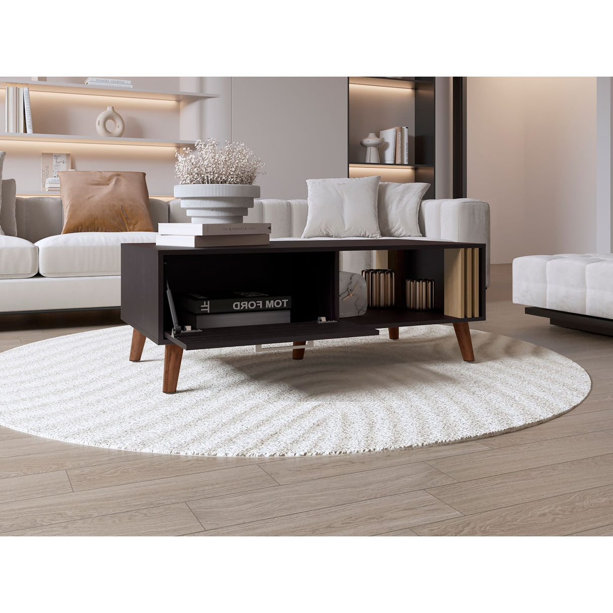 Mesa de Centro Vance Wengue y Fresno Europeo 120x43cm Rectangular con Compartimientos y con Patas - MESAS DE CENTRO | Bylmo
