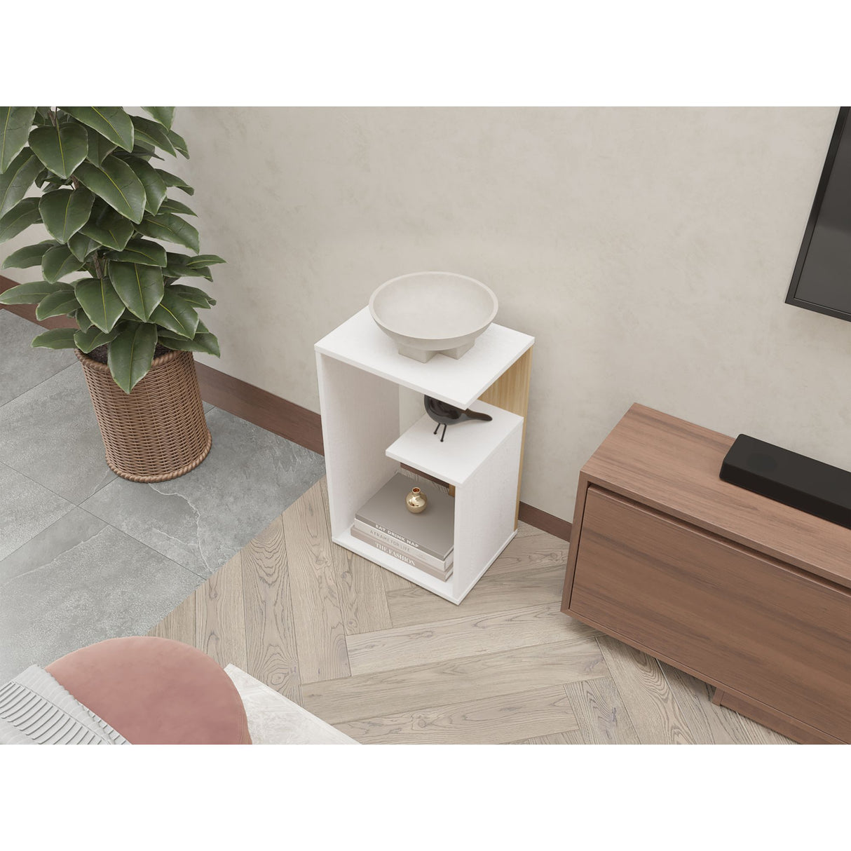 Mesa Auxiliar Everett Blanco y Fresno Europeo 39.8x63.4cm Rectangular con Dos Compartimientos - MESAS AUXILIARES | Bylmo