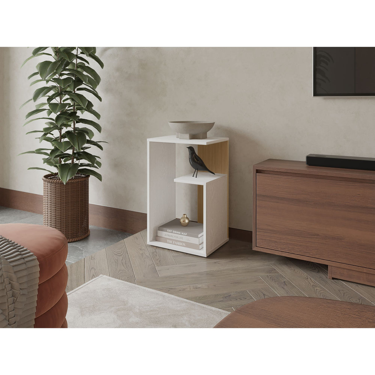 Mesa Auxiliar Everett Blanco y Fresno Europeo 39.8x63.4cm Rectangular con Dos Compartimientos - MESAS AUXILIARES | Bylmo