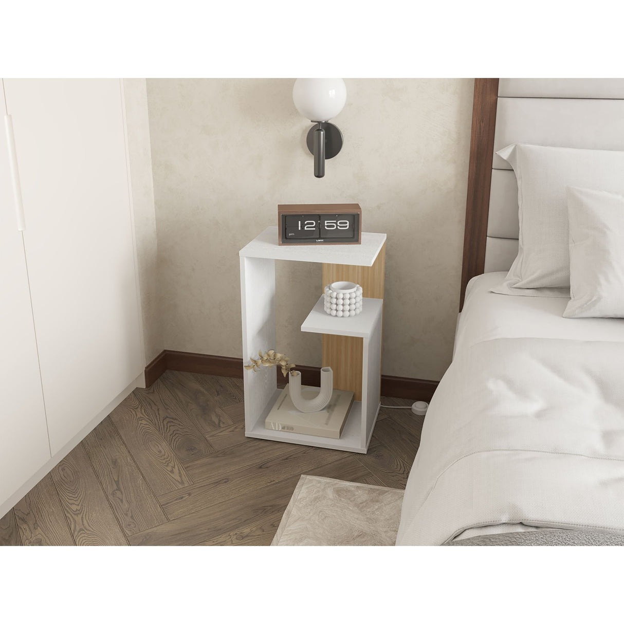 Mesa Auxiliar Everett Blanco y Fresno Europeo 39.8x63.4cm Rectangular con Dos Compartimientos - MESAS AUXILIARES | Bylmo