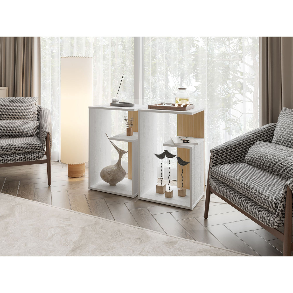 Mesa Auxiliar Everett Blanco y Fresno Europeo 39.8x63.4cm Rectangular con Dos Compartimientos - MESAS AUXILIARES | Bylmo