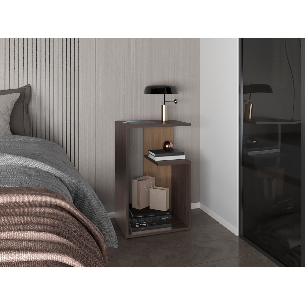 Mesa Auxiliar Everett Carbón y Fresno Europeo 39.8x63.4cm Rectangular con Dos Compartimientos - MESAS AUXILIARES | Bylmo