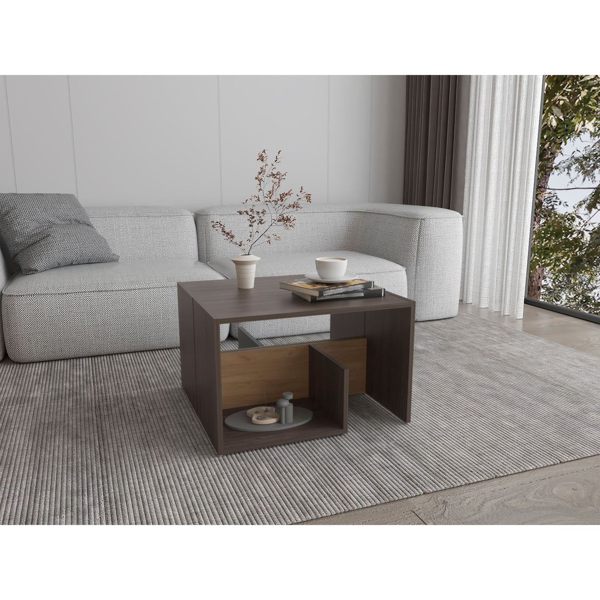 Mesa Auxiliar Everett Carbón y Fresno Europeo 39.8x63.4cm Rectangular con Dos Compartimientos - MESAS AUXILIARES | Bylmo