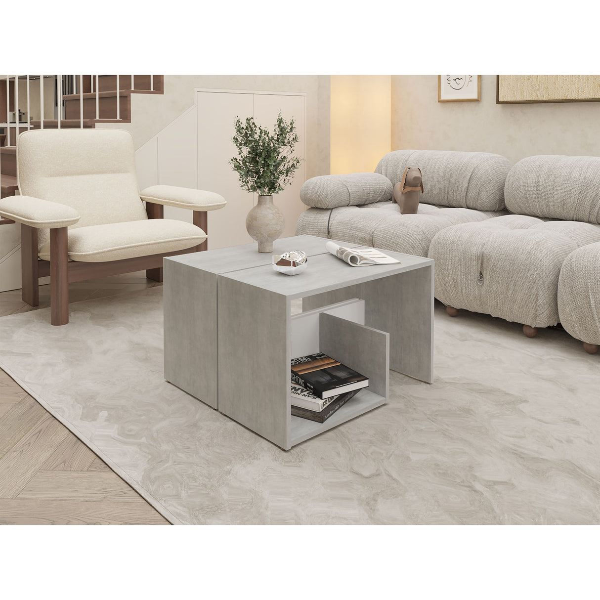 Mesa Auxiliar Everett Cemento y Blanco 39.8x63.4cm Rectangular con Dos Compartimientos - MESAS AUXILIARES | Bylmo