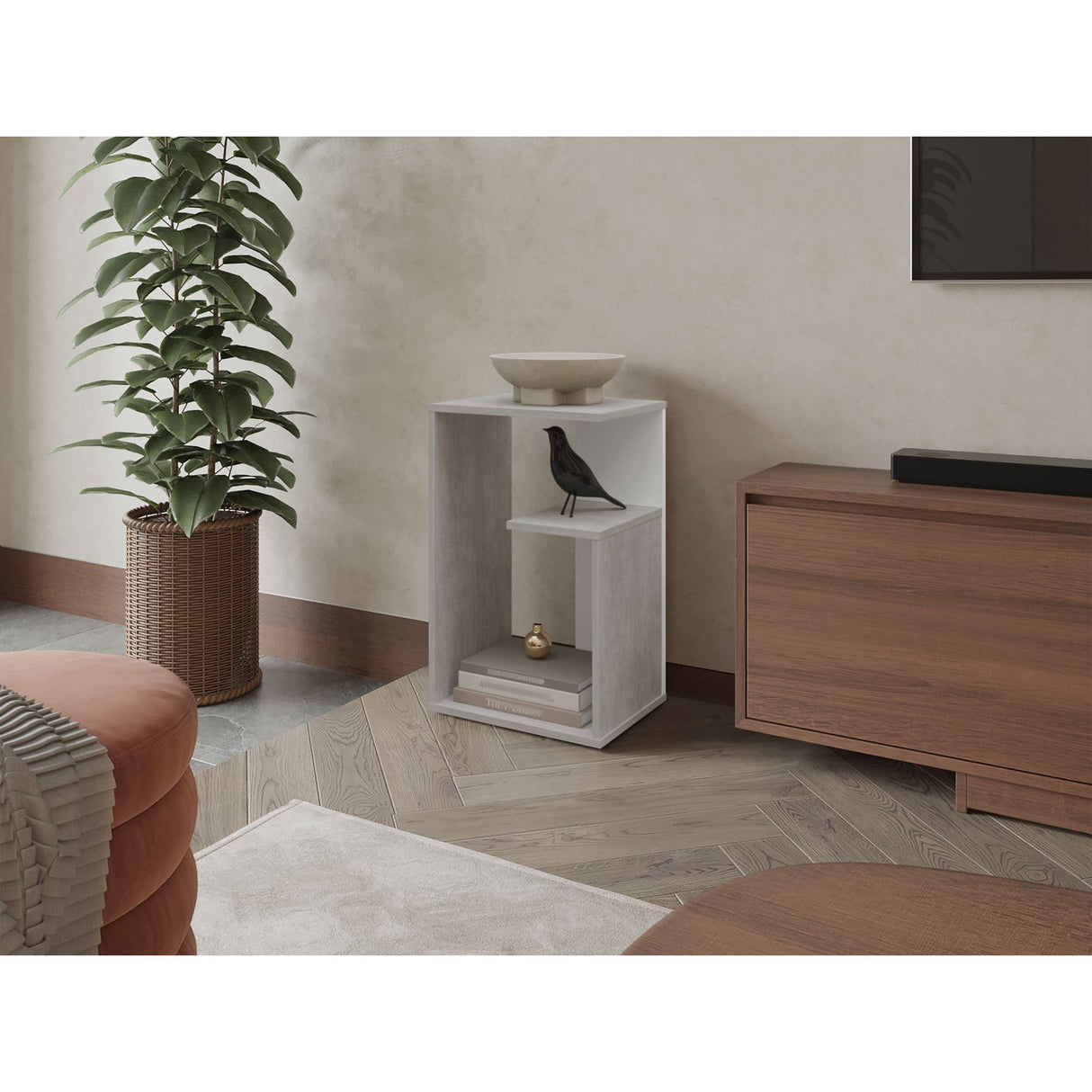 Mesa Auxiliar Everett Cemento y Blanco 39.8x63.4cm Rectangular con Dos Compartimientos - MESAS AUXILIARES | Bylmo