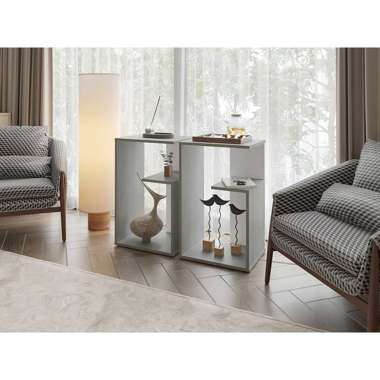 Mesa Auxiliar Everett Cemento y Blanco 39.8x63.4cm Rectangular con Dos Compartimientos - MESAS AUXILIARES | Bylmo