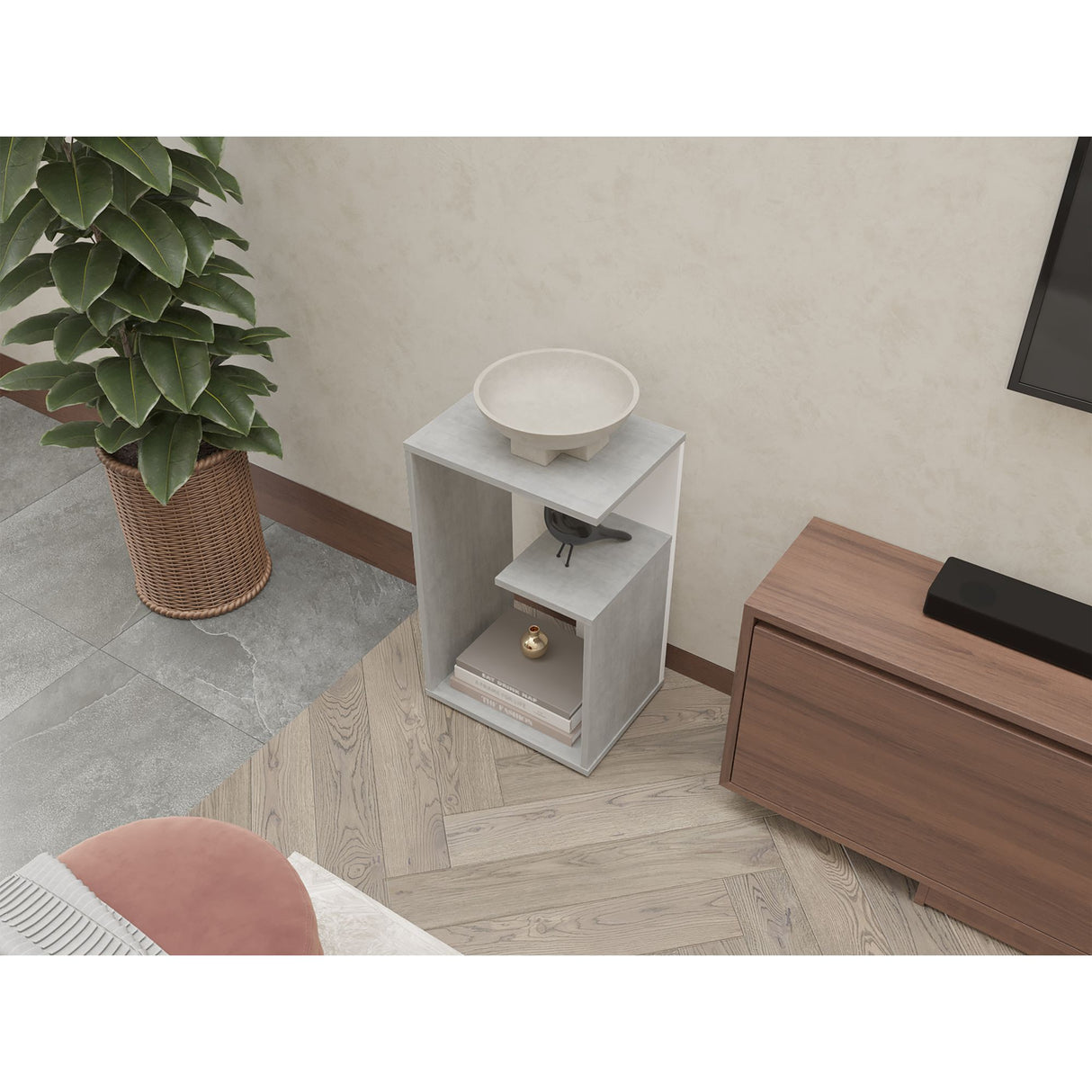 Mesa Auxiliar Everett Cemento y Blanco 39.8x63.4cm Rectangular con Dos Compartimientos - MESAS AUXILIARES | Bylmo