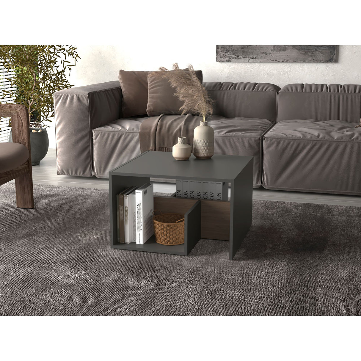 Mesa Auxiliar Everett Plomo y Fresno Europeo 39.8x63.4cm Rectangular con Dos Compartimientos - MESAS AUXILIARES | Bylmo