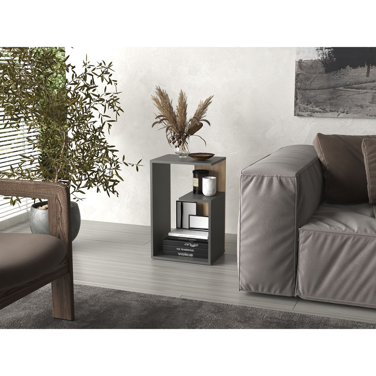 Mesa Auxiliar Everett Plomo y Fresno Europeo 39.8x63.4cm Rectangular con Dos Compartimientos - MESAS AUXILIARES | Bylmo