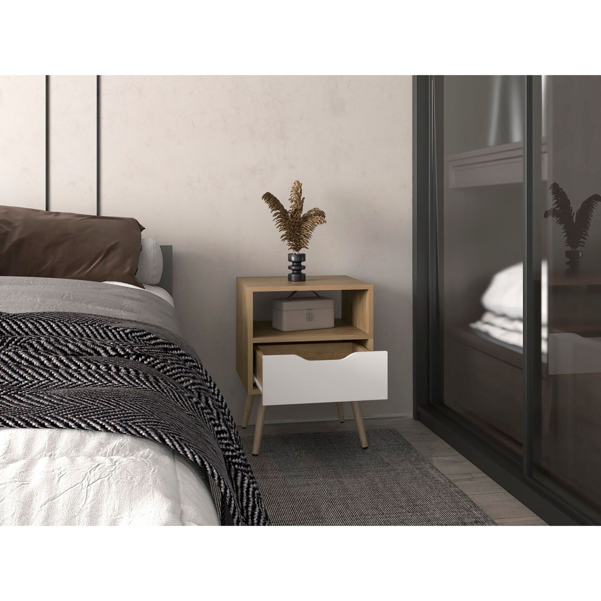 Mesa de Noche Wende Blanco y Fresno Europeo 40x43cm con Un Cajón - MESAS DE NOCHE | Bylmo