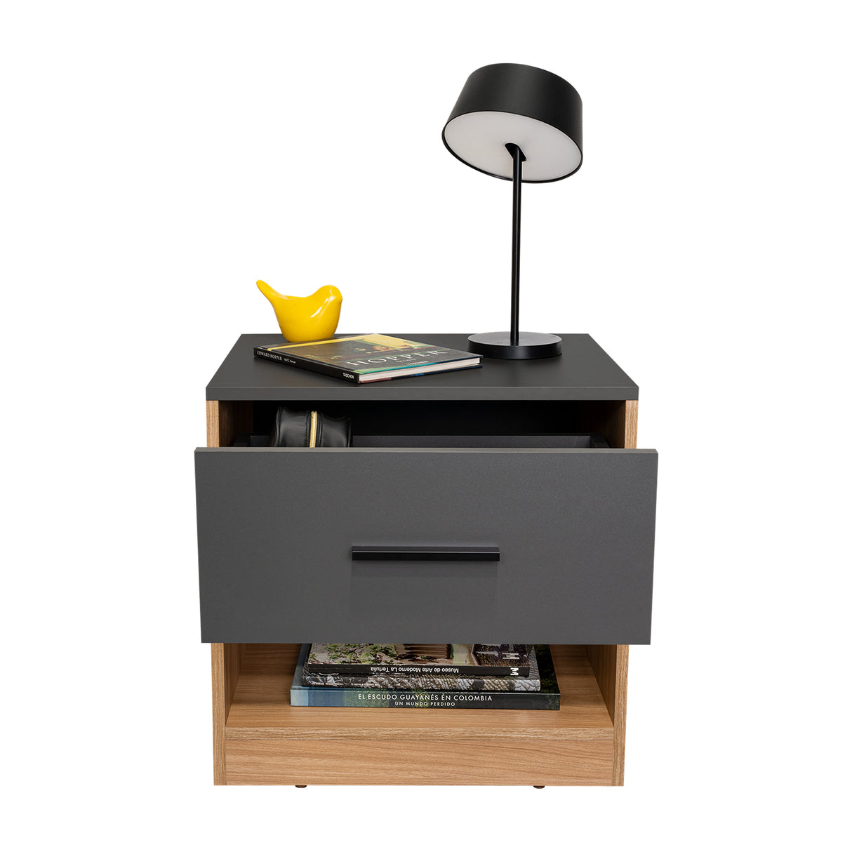 Mesa de Noche Alder Plomo y Fresno Europeo 50x50cm con Un Cajón - MESAS DE NOCHE | Bylmo