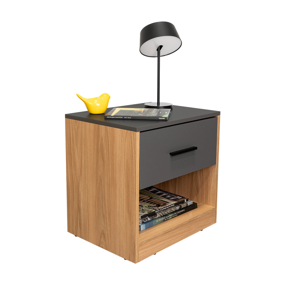 Mesa de Noche Alder Plomo y Fresno Europeo 50x50cm con Un Cajón - MESAS DE NOCHE | Bylmo