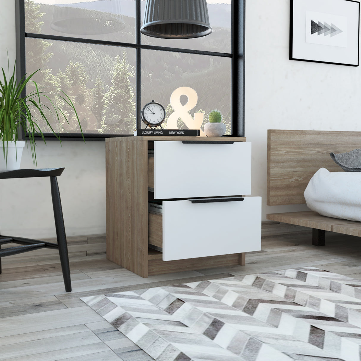 Mesa de Noche Kaia Miel y Blanco 41x48cm con Dos Cajones - MESAS DE NOCHE | Bylmo