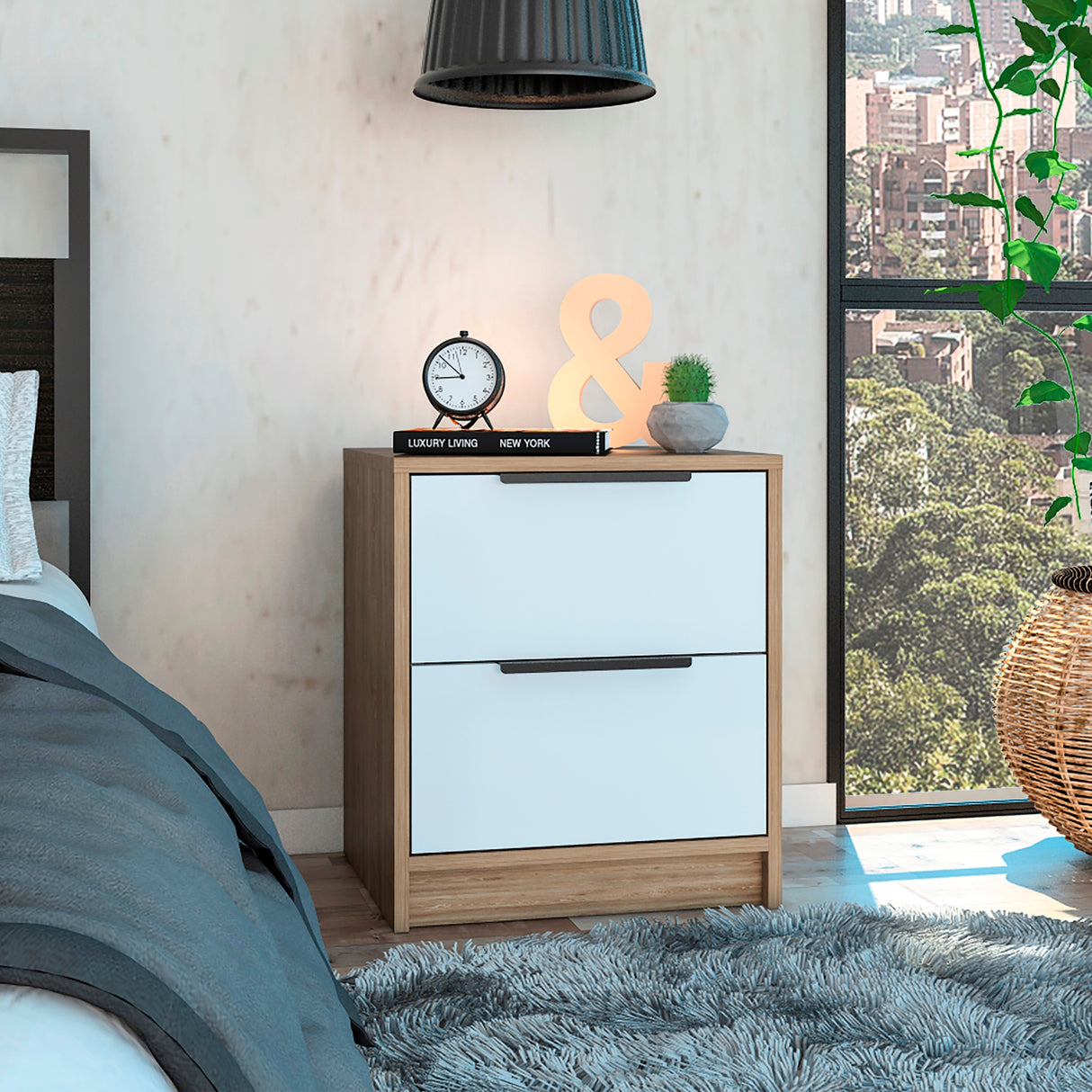 Mesa de Noche Kaia Miel y Blanco 41x48cm con Dos Cajones - MESAS DE NOCHE | Bylmo