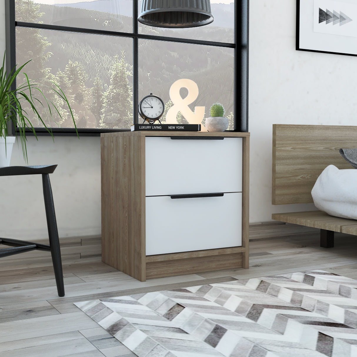 Mesa de Noche Kaia Miel y Blanco 41x48cm con Dos Cajones - MESAS DE NOCHE | Bylmo